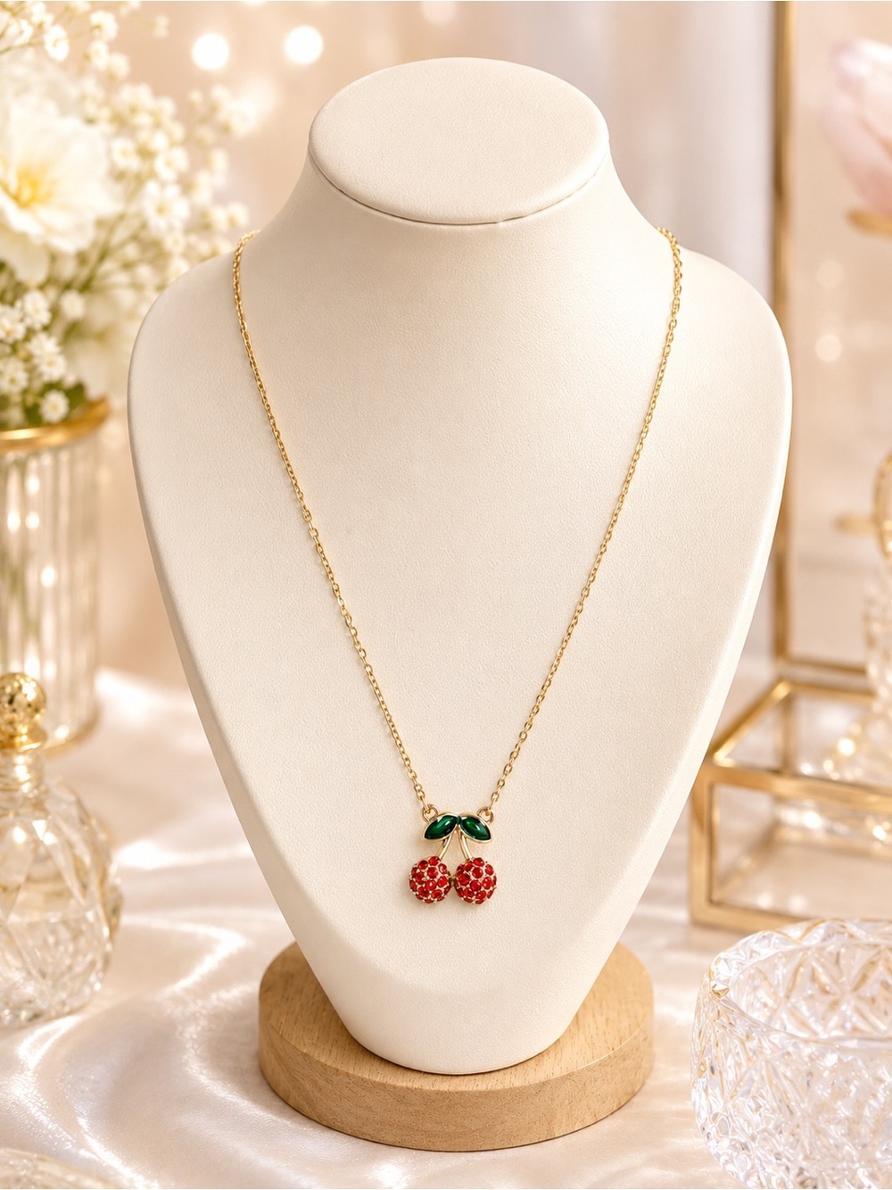 Sparkling Cherry Pendant Necklace | Gold Tone | Red Rhinestones - Picture 2 of 3